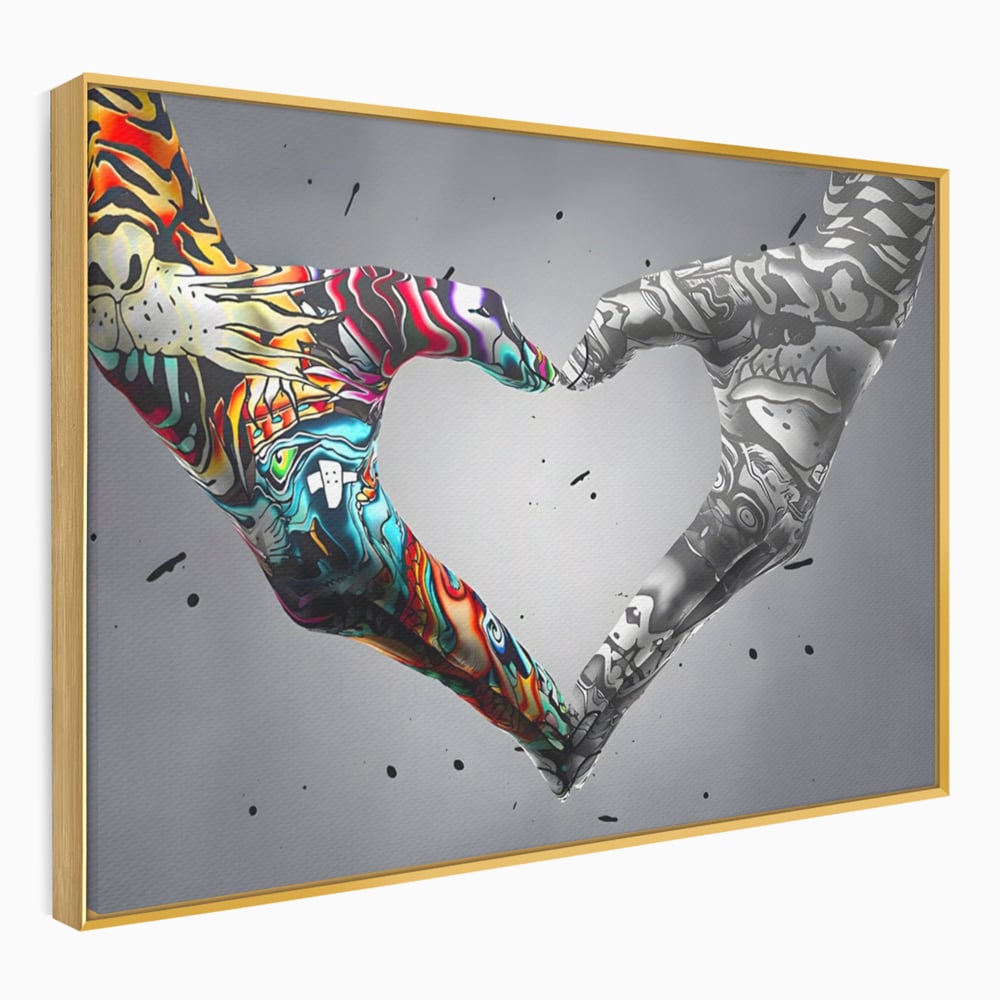 Tablou canvas cu tablou canvas cu maini in forma de inima stil grafitti, in rama de aluminiu auriu
